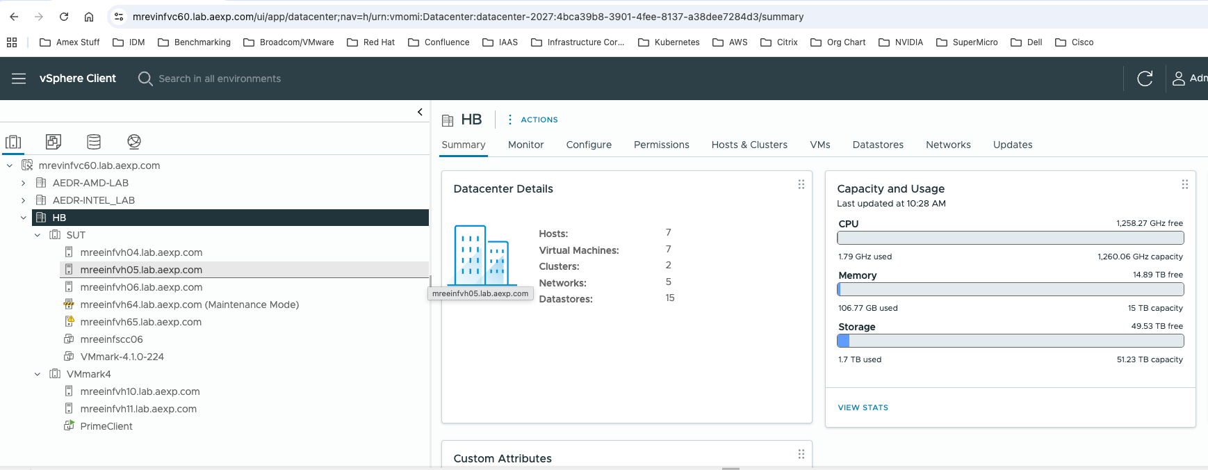 This is a screenshot showing my HB datacenter as well as the SUT cluster and VMmark4 cluster.